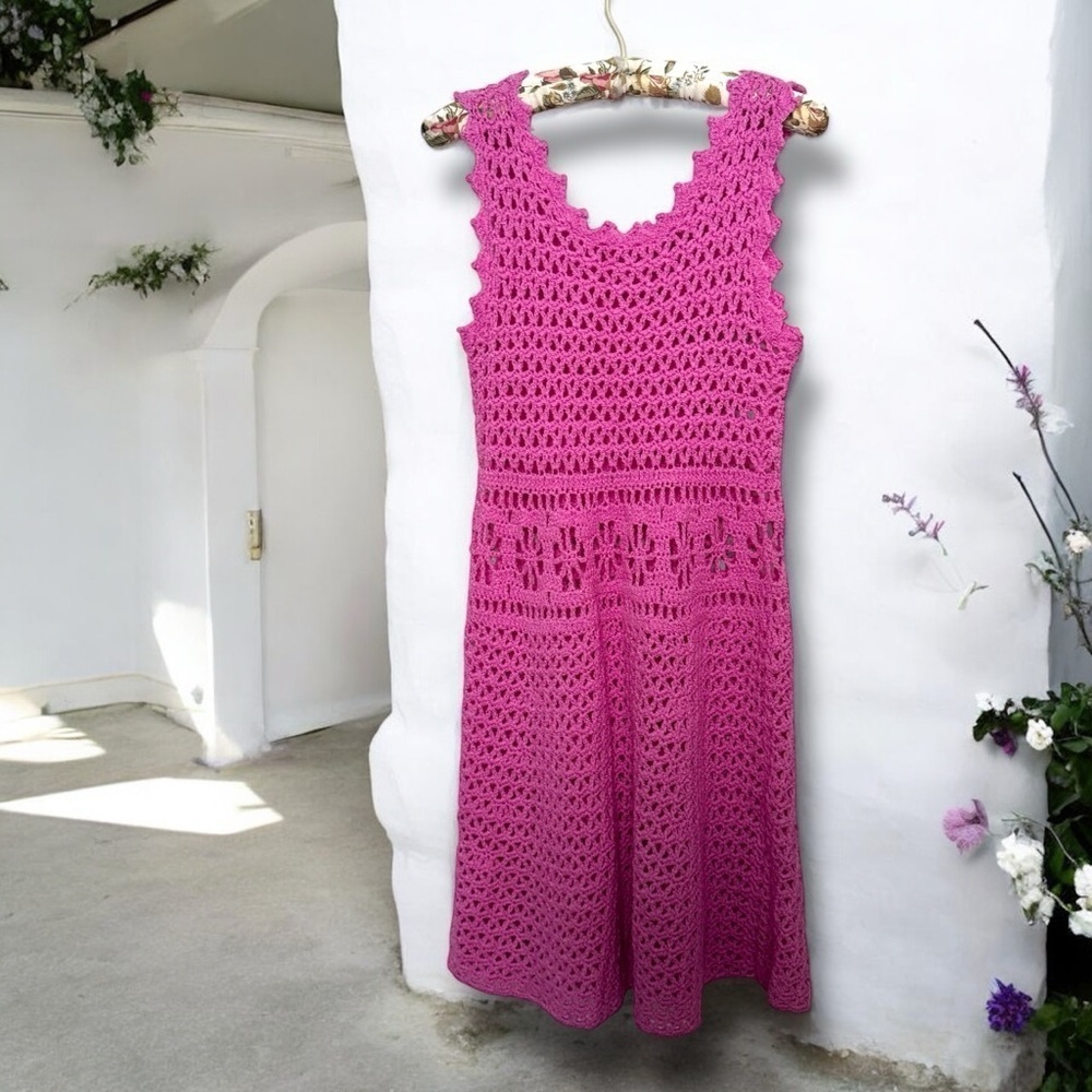 Pink Crochet Sleeveless Dress fairycore knit cottage tropical S